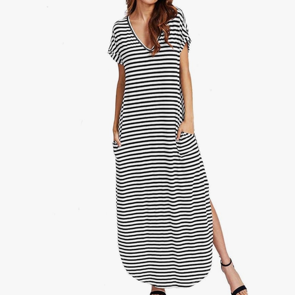 Verdusa Women's Casual V Neck Side Split Beach Long Maxi Dress Black&Whi…